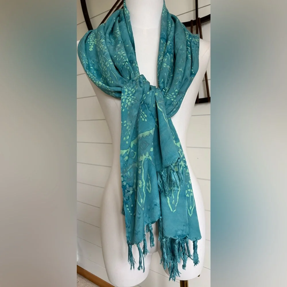 Batik Teal and Green Patterned Scarf Measuring 21 Inches by 62 Inches - Picture 4 of 5